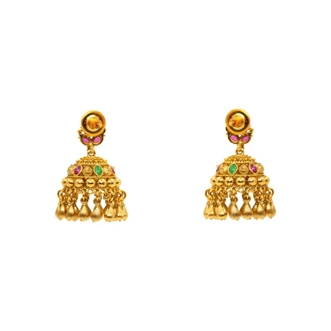 Trendy Minimalist Temple Jhumkas – Antique Gold Ruby Drop Design T-72