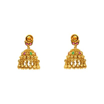 Trendy Minimalist Temple Jhumkas – Antique Gold Ruby Drop Design T-72