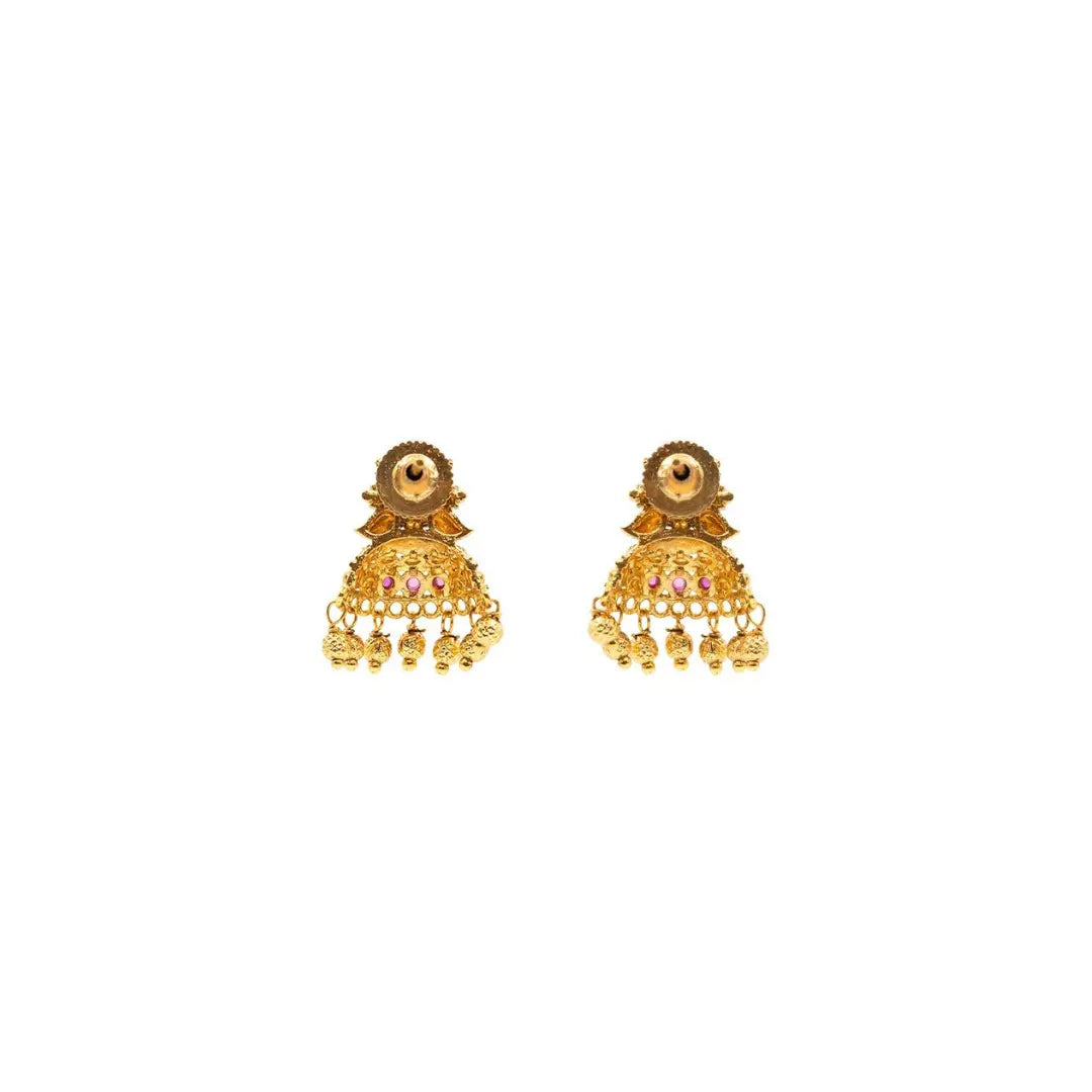 Antique Gold Plated Jhumka with Red Stone Detailing V-1663