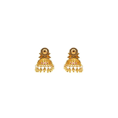 Antique Gold Plated Jhumka with Red Stone Detailing V-1663