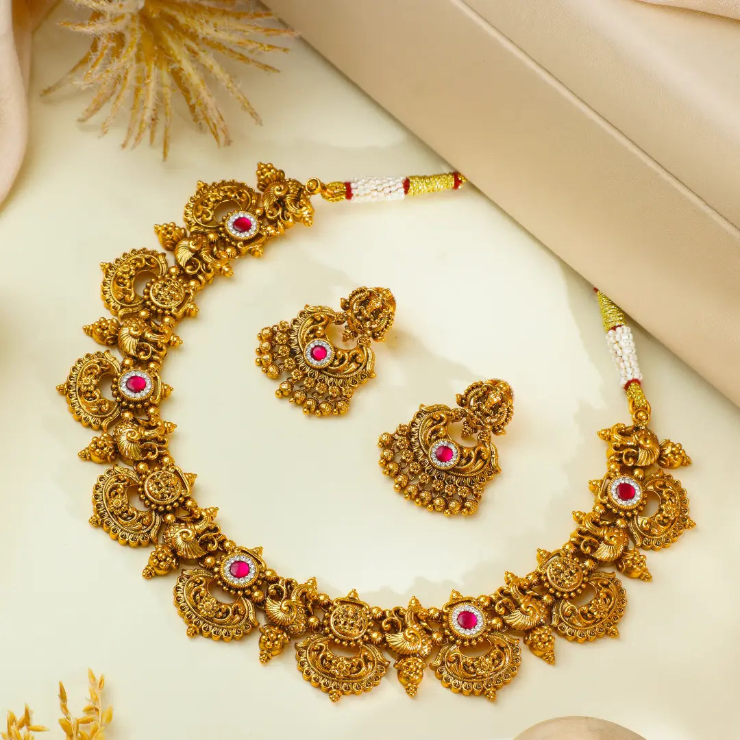 Antique Gold Temple Necklace Set | South Indian Bridal
