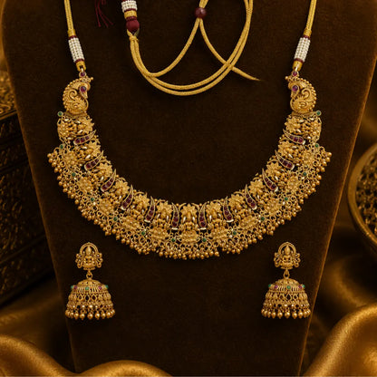 Antique Gold Plated Temple Short Necklace Set with Jhumka