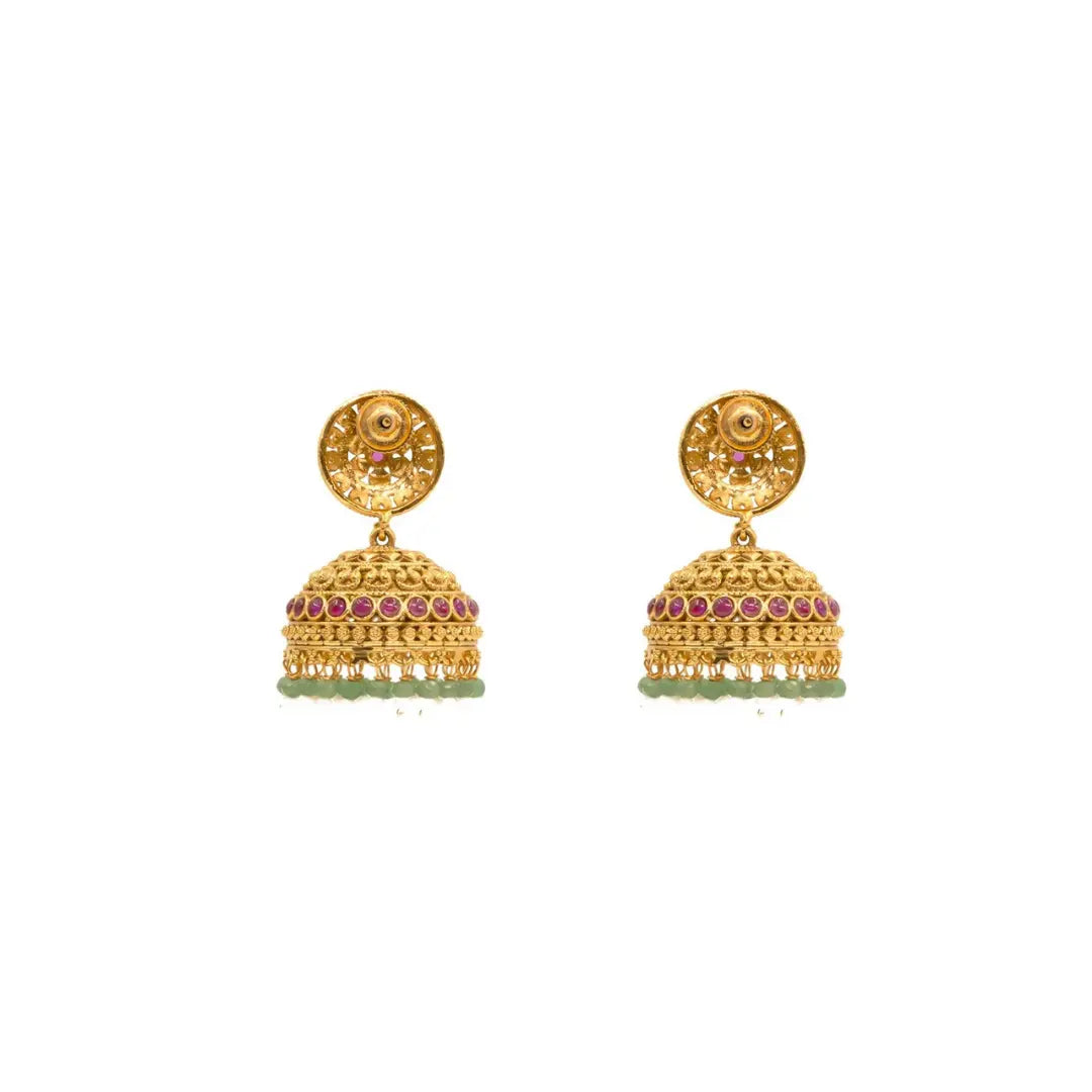 Antique Gold Look Jhumkas with Pink Detailing & Green Beads R-2232