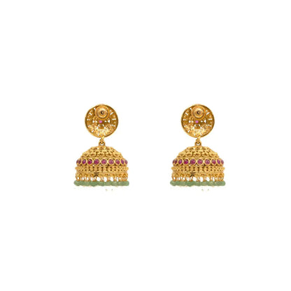 Antique Gold Look Jhumkas with Pink Detailing & Green Beads R-2232