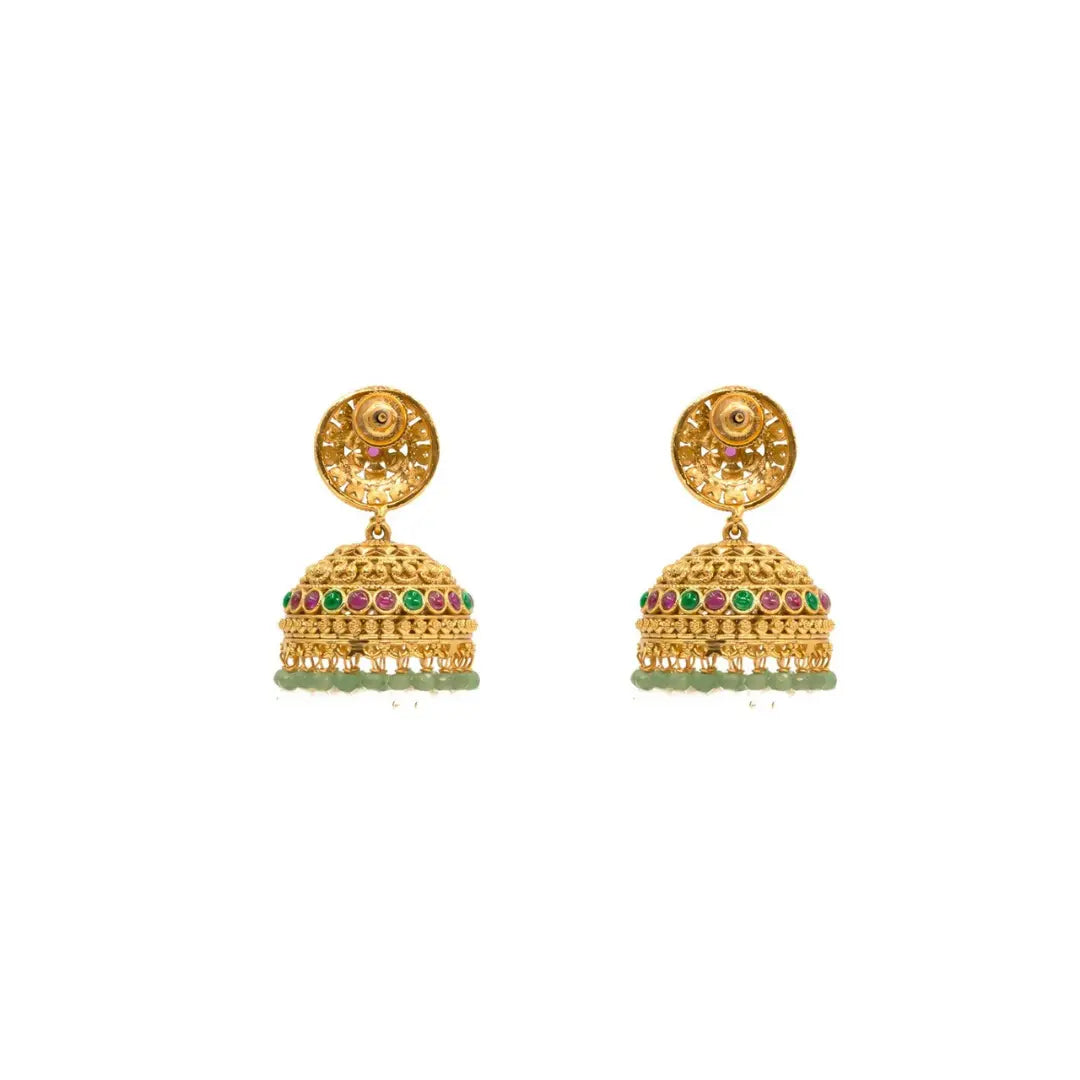 Antique Gold Look Jhumkas with Pink Detailing & Green Beads R-2232