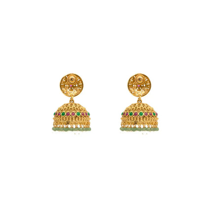 Antique Gold Look Jhumkas with Pink Detailing & Green Beads R-2232