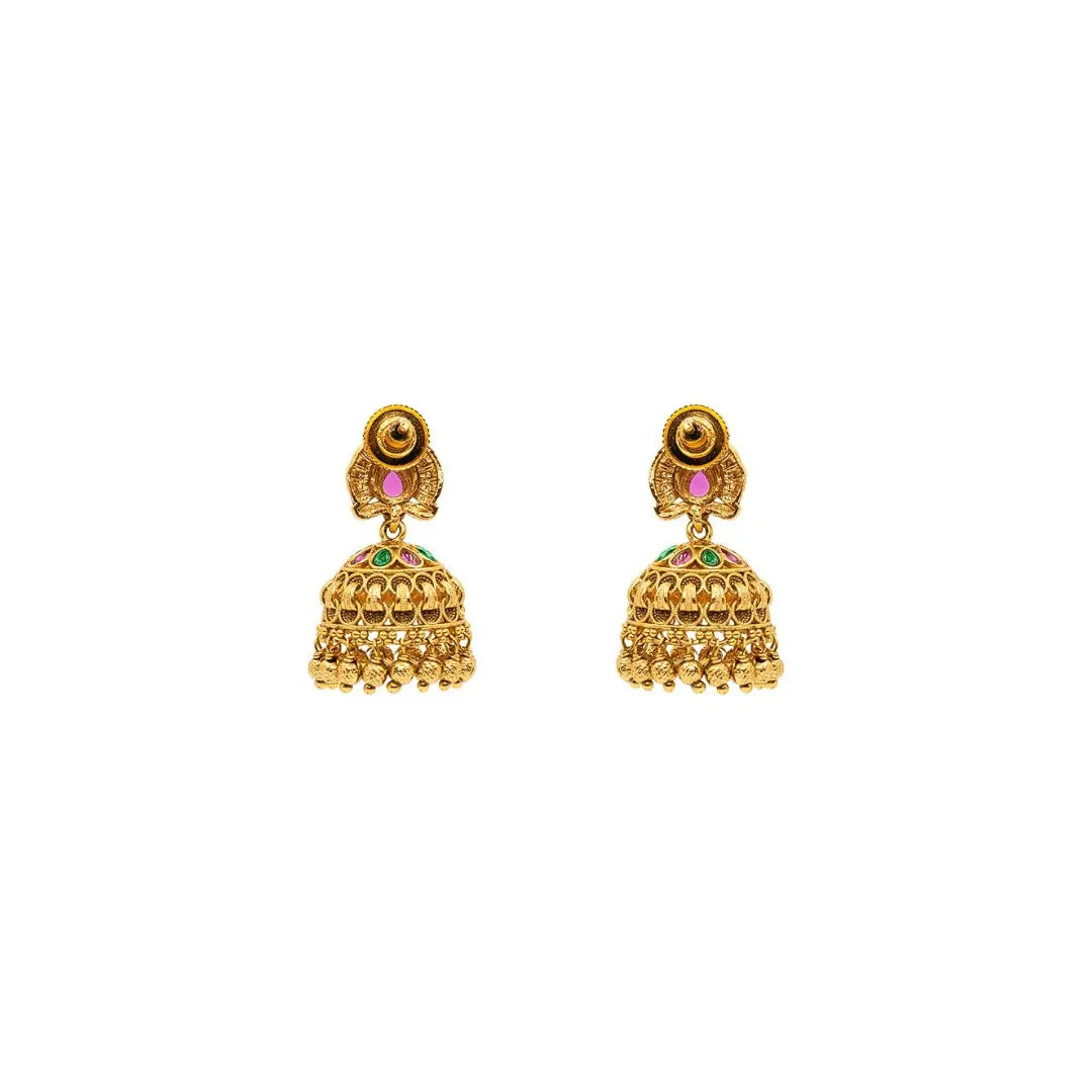 Lightweight Minimal Temple Jhumka – Gold-Plated Ruby Work R-2348