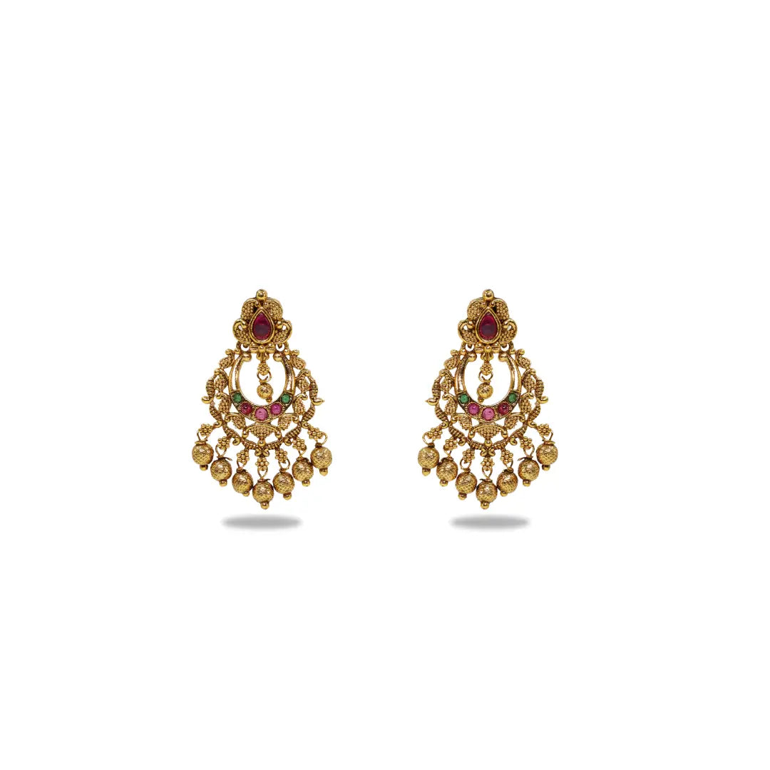 Traditional Temple Chandbali Earrings with Red & Green Stones k-300
