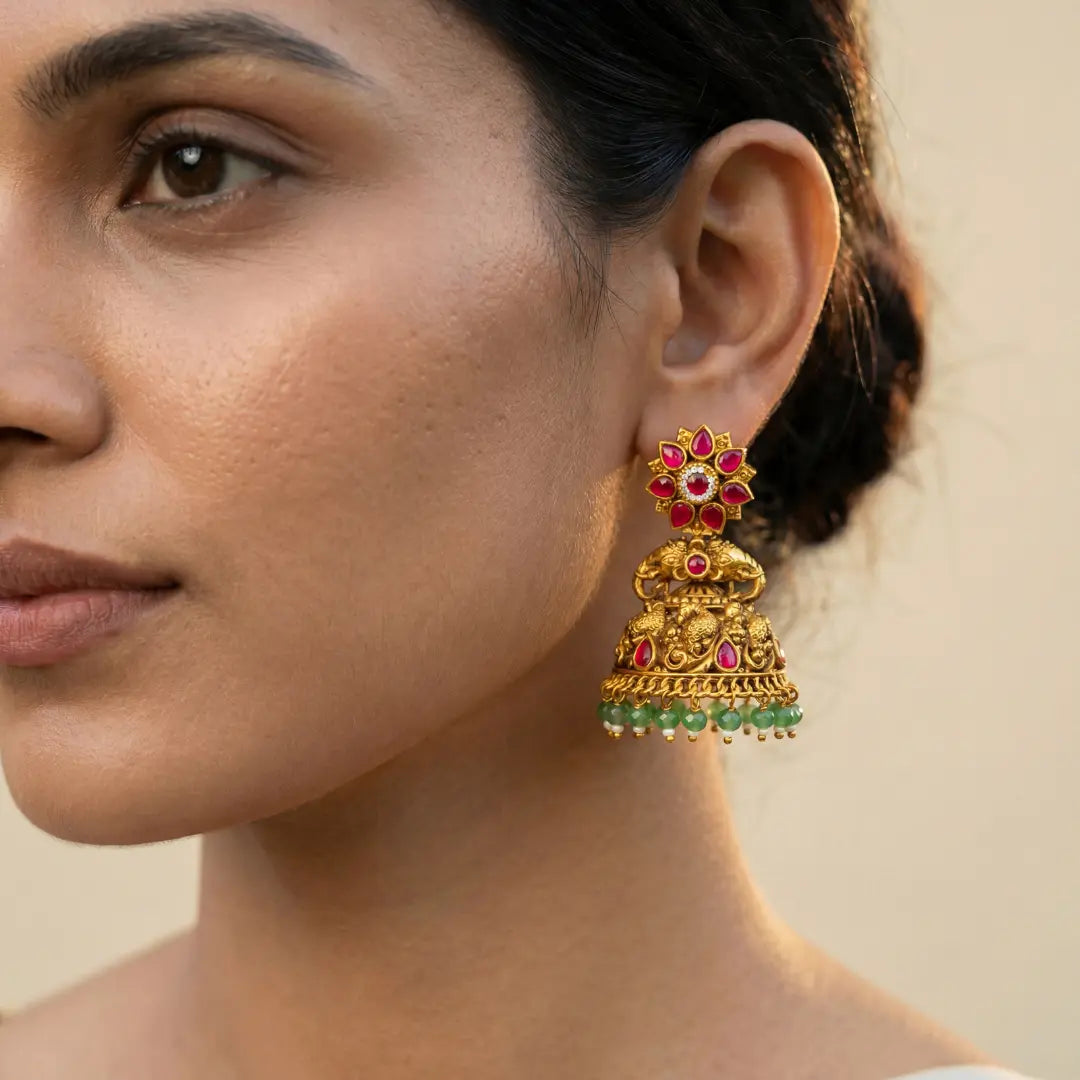 Surya Gaja Jhumka | Gold-Plated Sun Elephant Temple Earrings
