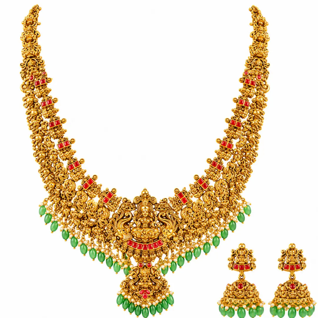 Swarna Kodi Kamalam Haar Long Necklace Set | Gold-Plated Temple Jewellery J-1038