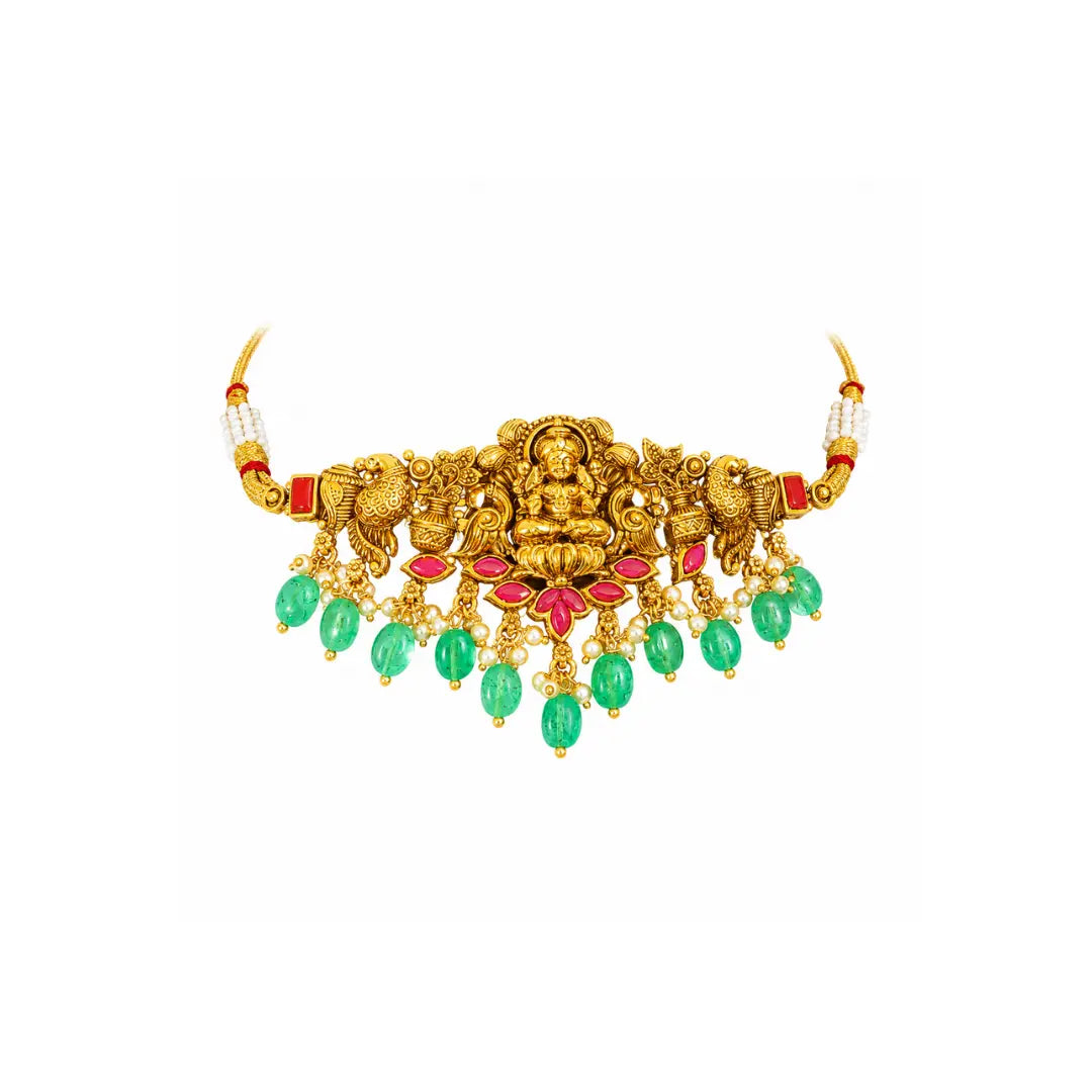 Lakshmi Antique Temple Jewellery Bridal Choker with Green Stone Drops