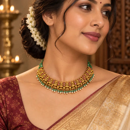 1 Gram Gold Choker Set | Deity Row Ruby Medallion Design K-1816