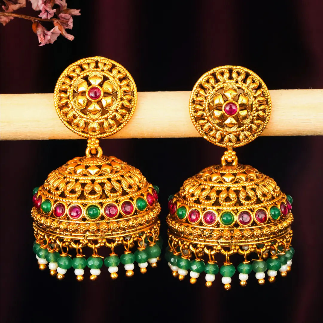 Antique Gold Look Jhumkas with Pink Detailing & Green Beads R-2232