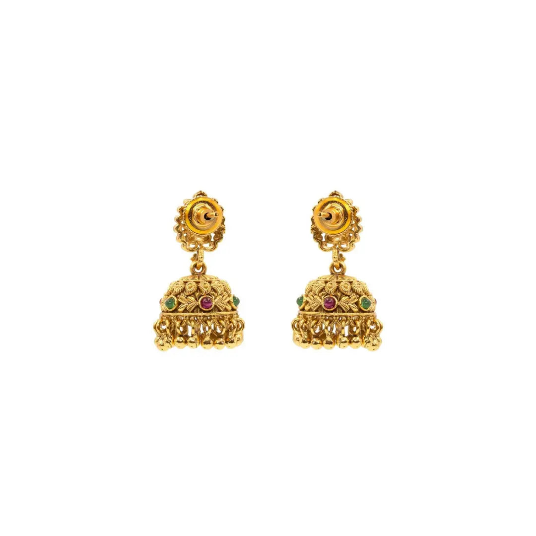 Antique Temple Jhumka Earrings with Pink Stone Accents R-1243