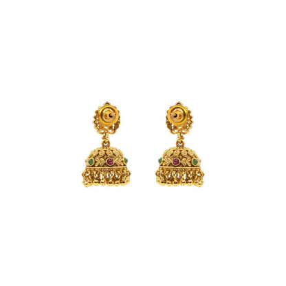 Antique Temple Jhumka Earrings with Pink Stone Accents R-1243
