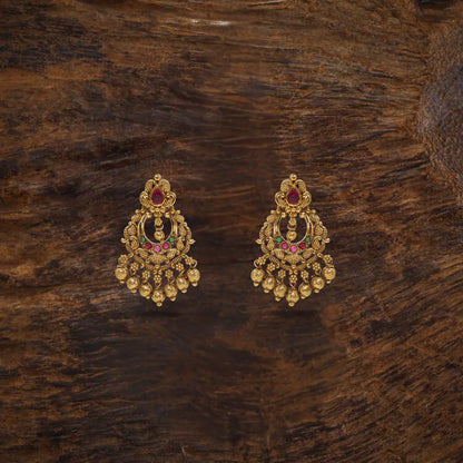 Traditional Temple Chandbali Earrings with Red & Green Stones k-300
