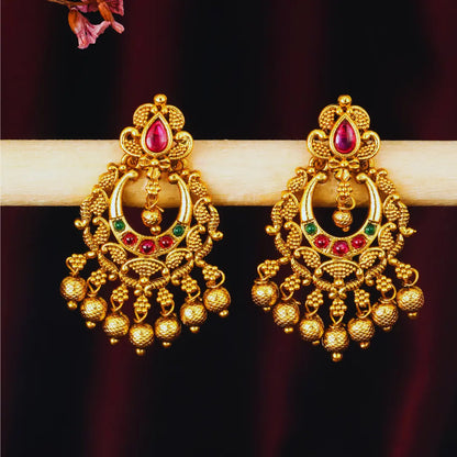 Traditional Temple Chandbali Earrings with Red & Green Stones k-300