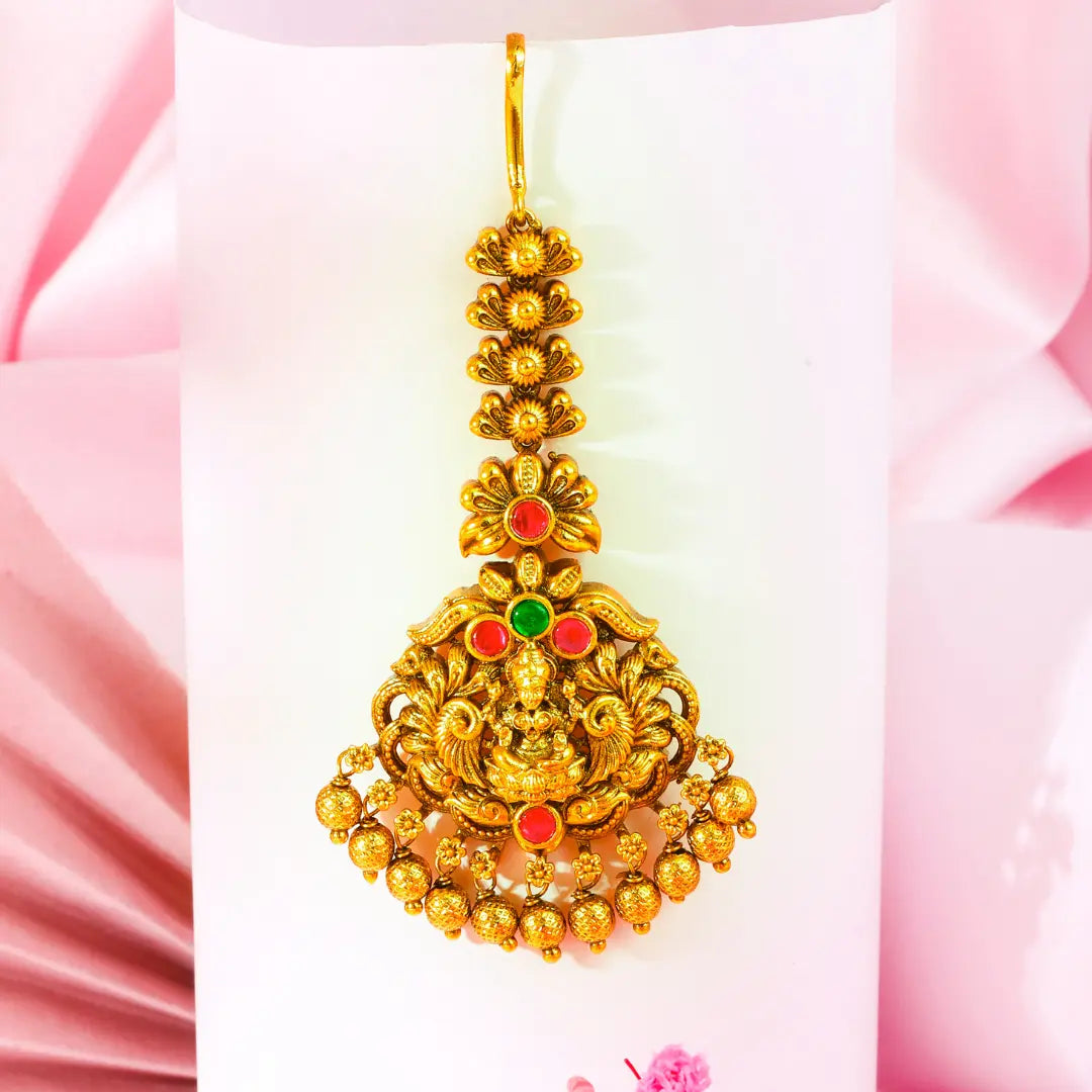 Lakshmi Temple Jewellery Maang Tikka with Green Bead Drops