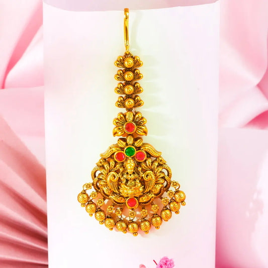 Lakshmi Temple Jewellery Maang Tikka with Green Bead Drops
