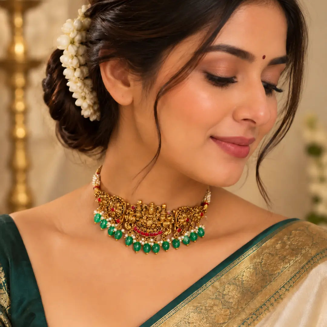 Lakshmi Antique Temple Jewellery Bridal Choker Set with Green Drops J-477