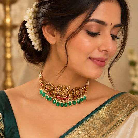Lakshmi Antique Temple Jewellery Bridal Choker Set with Green Drops J-477