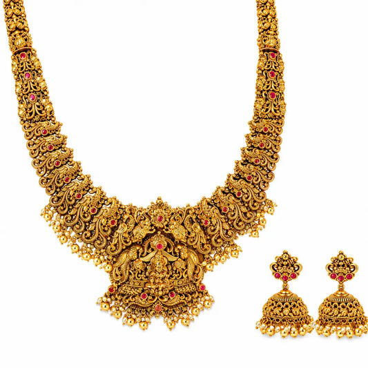 Muthu Kamalam Swarna Kanti Long Necklace Set | Gold-Plated Temple  J-1050