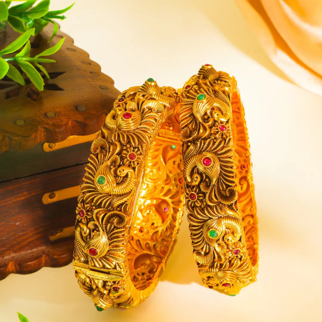 Royal Peacock Temple Bangle in Antique Gold V-1261