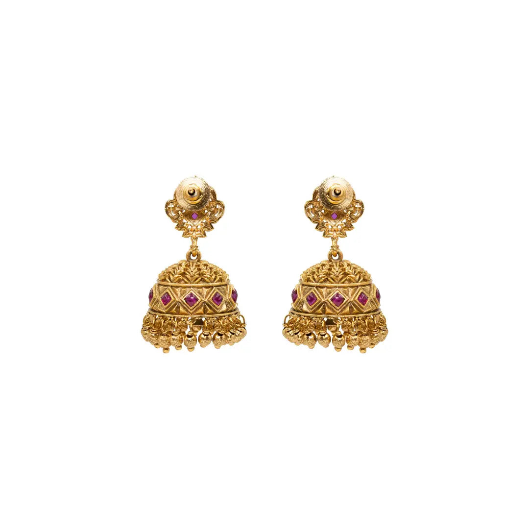 Minimal Gold Temple Jhumkas – Lightweight Ruby Accent Earring R-1156