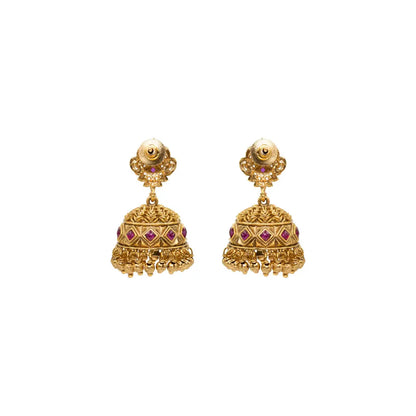 Minimal Gold Temple Jhumkas – Lightweight Ruby Accent Earring R-1156