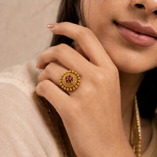 South Indian Gold-Plated Flower Ring V-1986