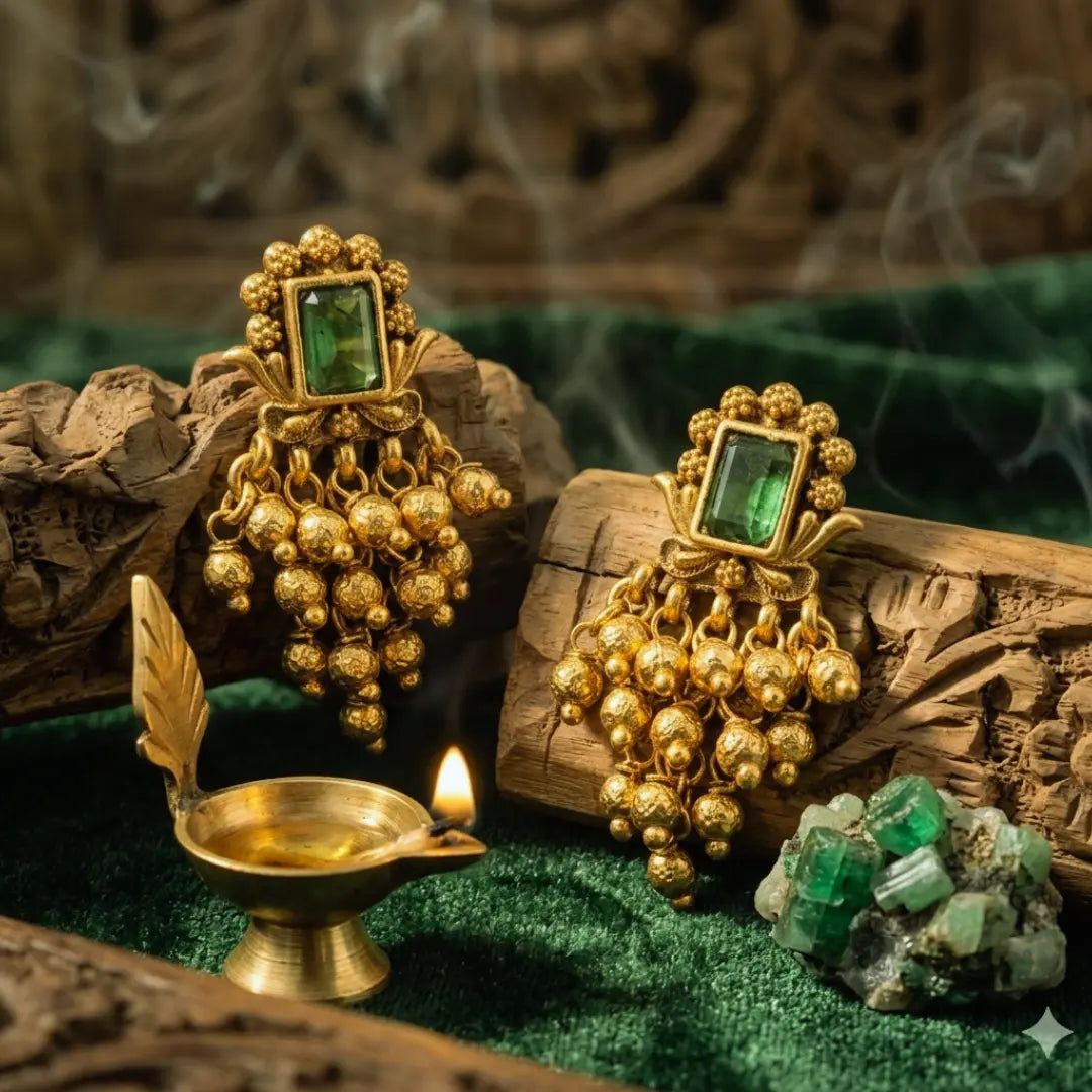 Emerald Gundla Gold Ball Temple Drop Earrings Bali R-2160