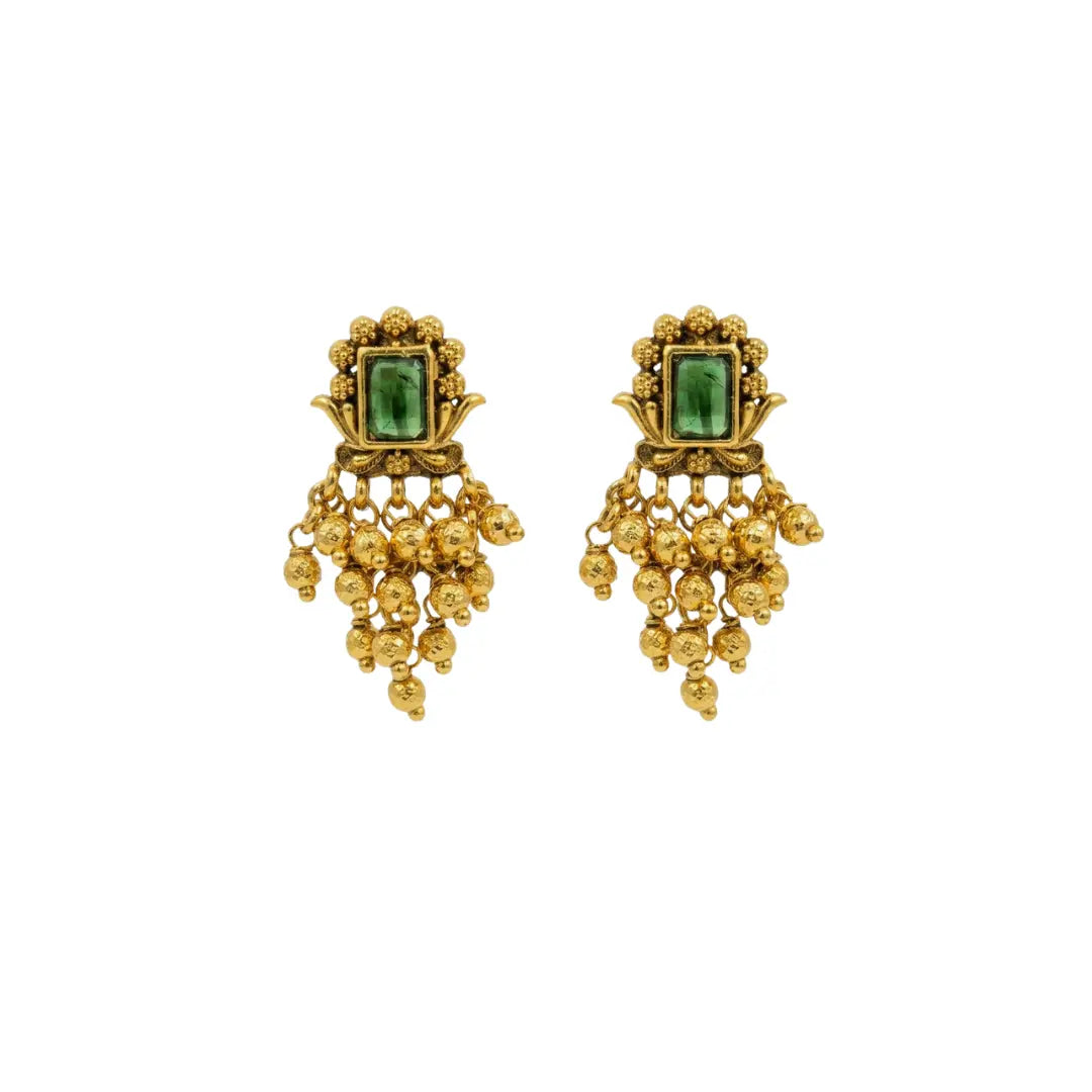 Emerald Gundla Gold Ball Temple Drop Earrings Bali R-2160