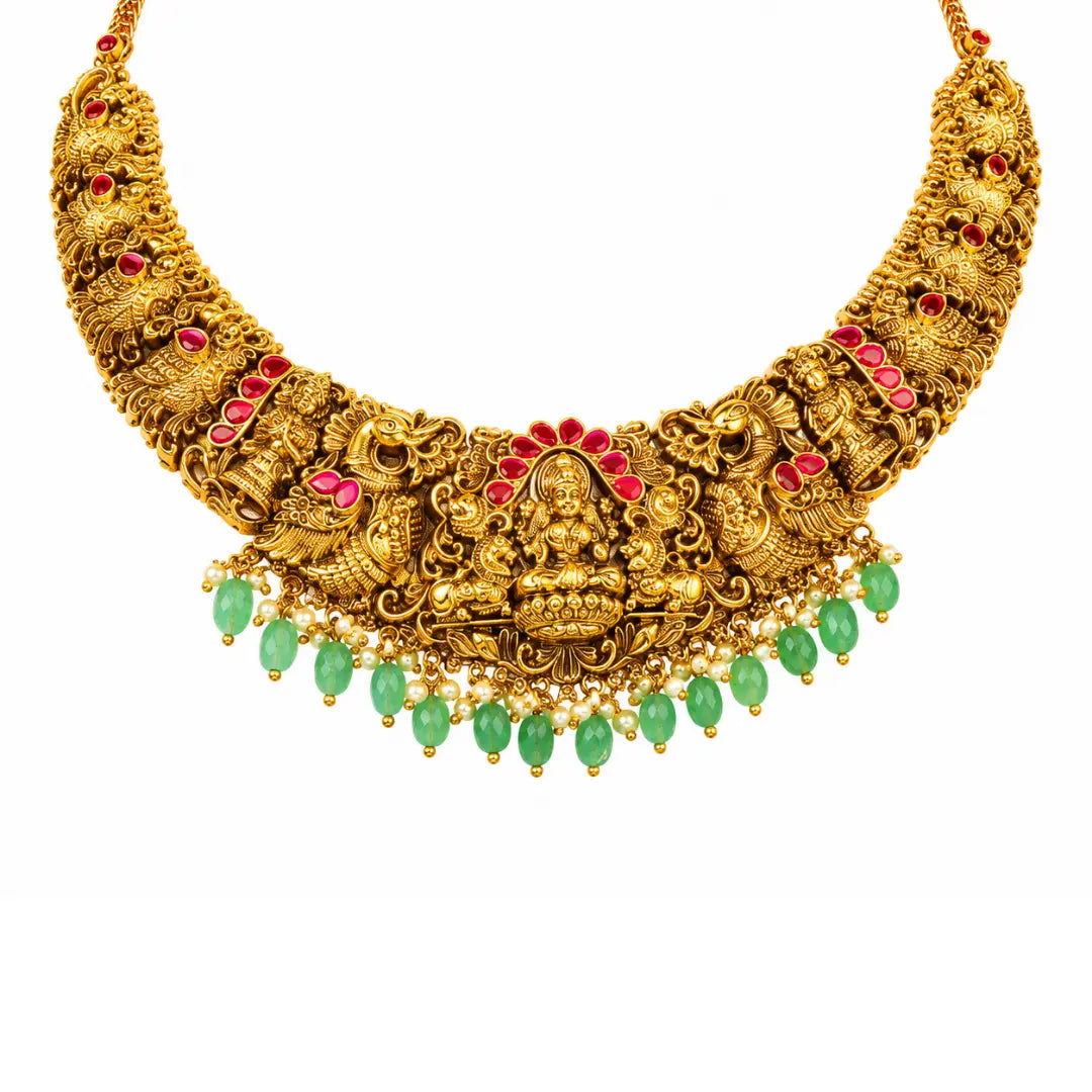 Pachi Manga Swarna Haar Short Necklace Set | Gold-Plated Temple Jewellery J-1027
