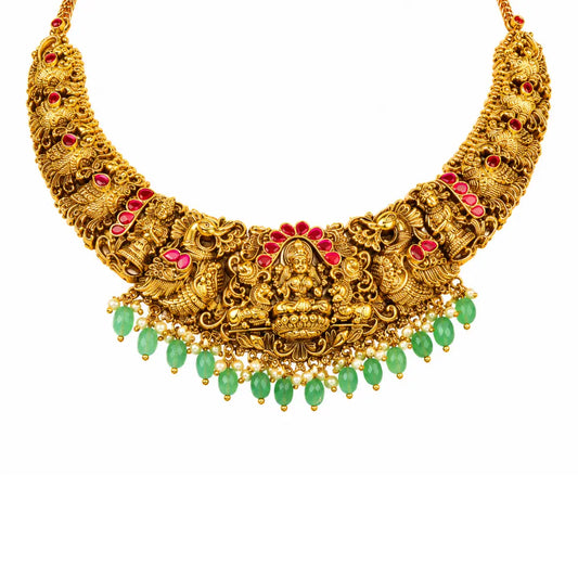 Pachi Manga Swarna Haar Short Necklace Set | Gold-Plated Temple Jewellery J-1027