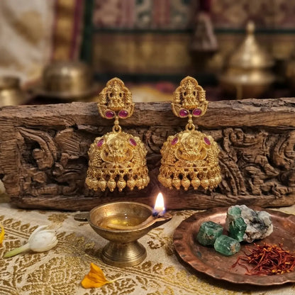Lakshmi Dual Temple Jhumka | Gold-Plated Ruby Temple Earrings