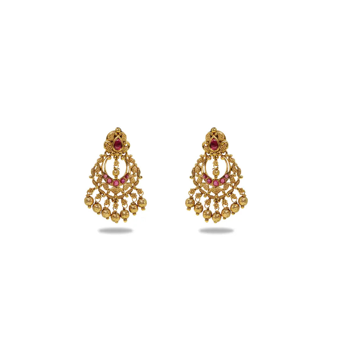 Traditional Temple Chandbali Earrings with Red & Green Stones k-300