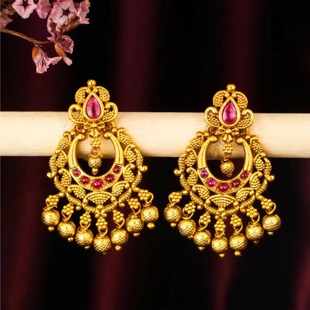 Traditional Temple Chandbali Earrings with Red & Green Stones k-300