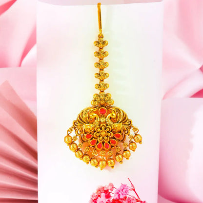 Antique Temple Jewellery Maang Tikka with Pearl Drops