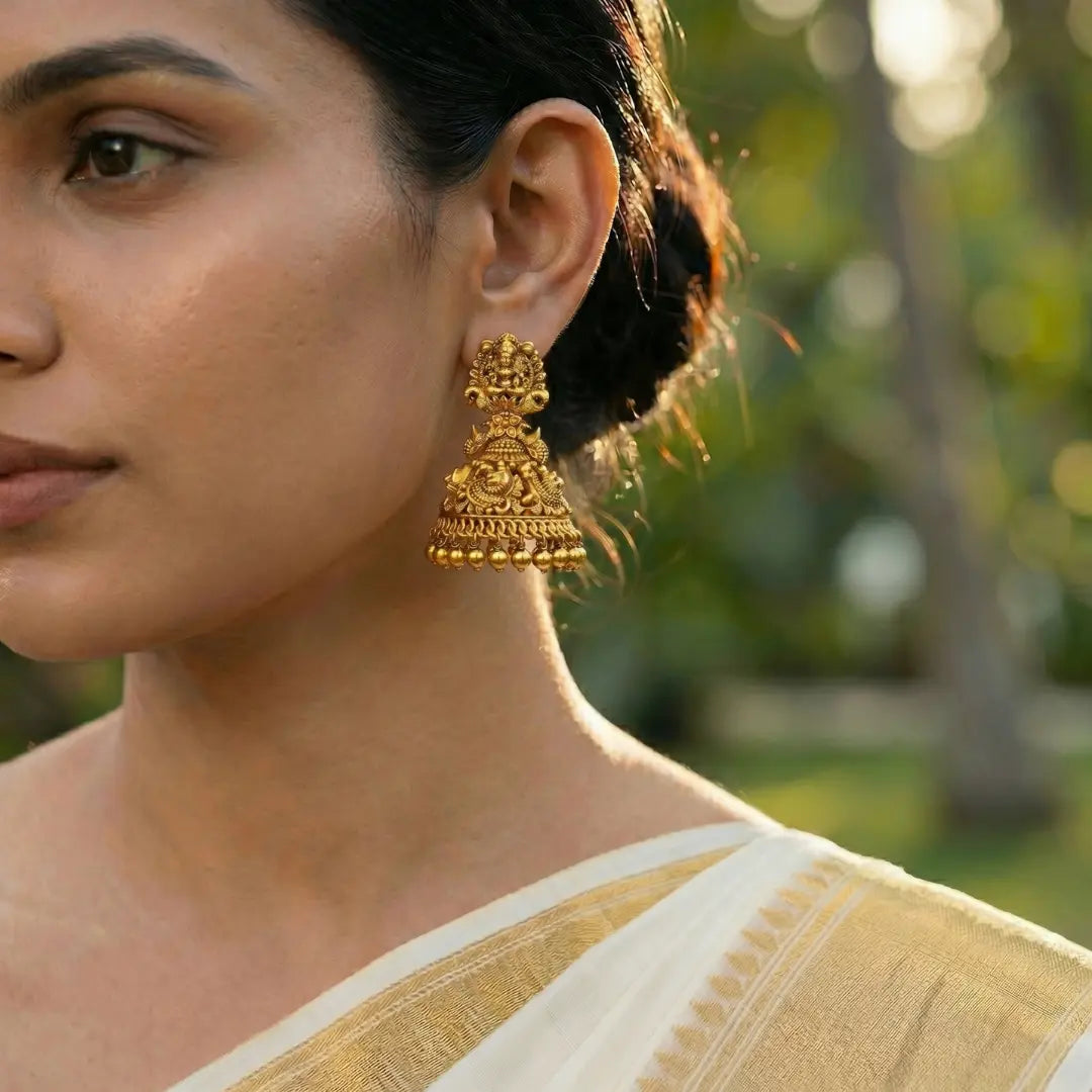 Swarnaroopa Devi Jhumka | Gold-Plated Goddess Temple Earrings