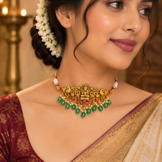 Lakshmi Antique Temple Jewellery Bridal Choker with Green Stone Drops J-480