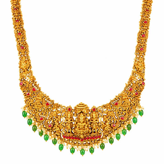 Swarna Kamalam Pachi Mala Haar Long Necklace Set | Gold-Plated Temple J-1016