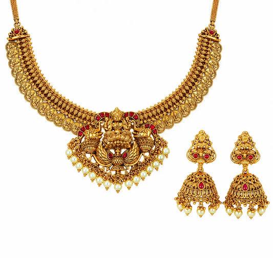 Devi Navaratna Haar Short Necklace Set | Gold-Plated Temple Jewellery