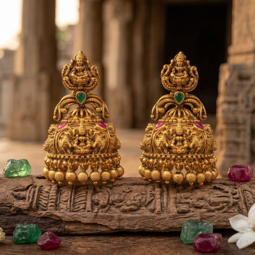 Padmasana Jhumka | Gold-Plated Lotus Temple Earrings for Women J-609