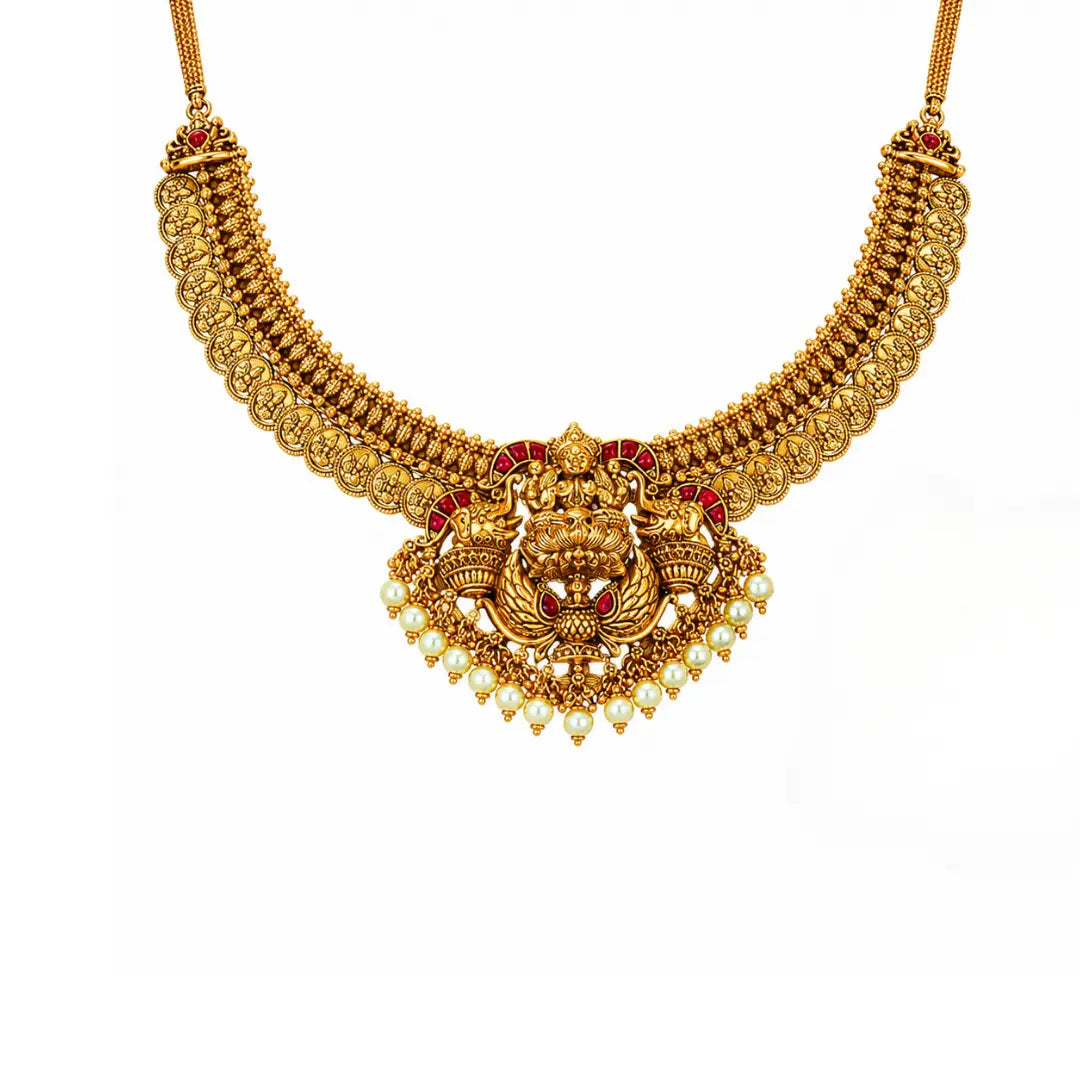 Devi Navaratna Haar Short Necklace Set | Gold-Plated Temple Jewellery J-1017