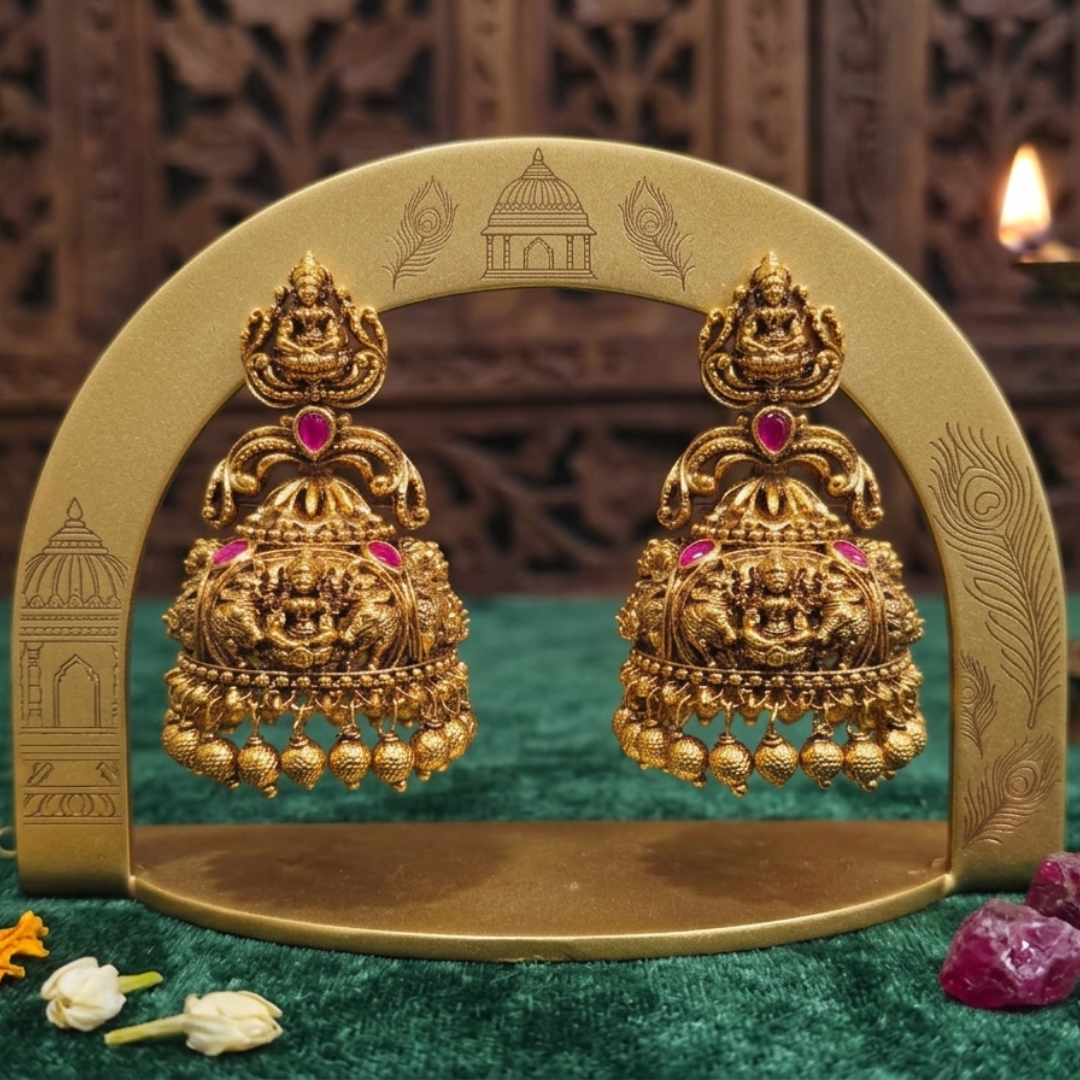 Padmasana Jhumka | Gold-Plated Lotus Temple Earrings for Women J-609