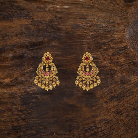 Traditional Temple Chandbali Earrings with Red & Green Stones k-300