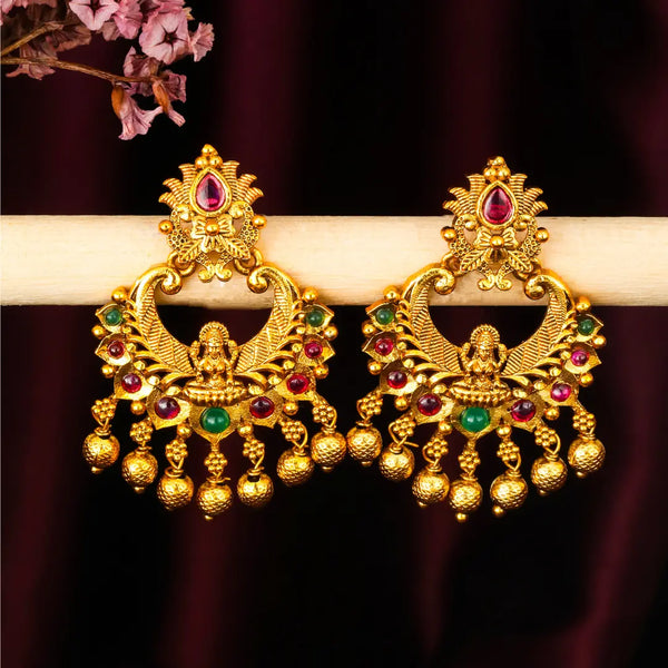 Heritage Temple Chandbali with Peacock Design & Multicolor Stones