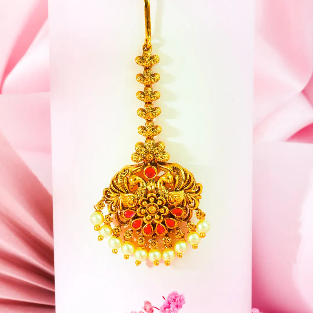 Antique Temple Jewellery Maang Tikka with Pearl Drops