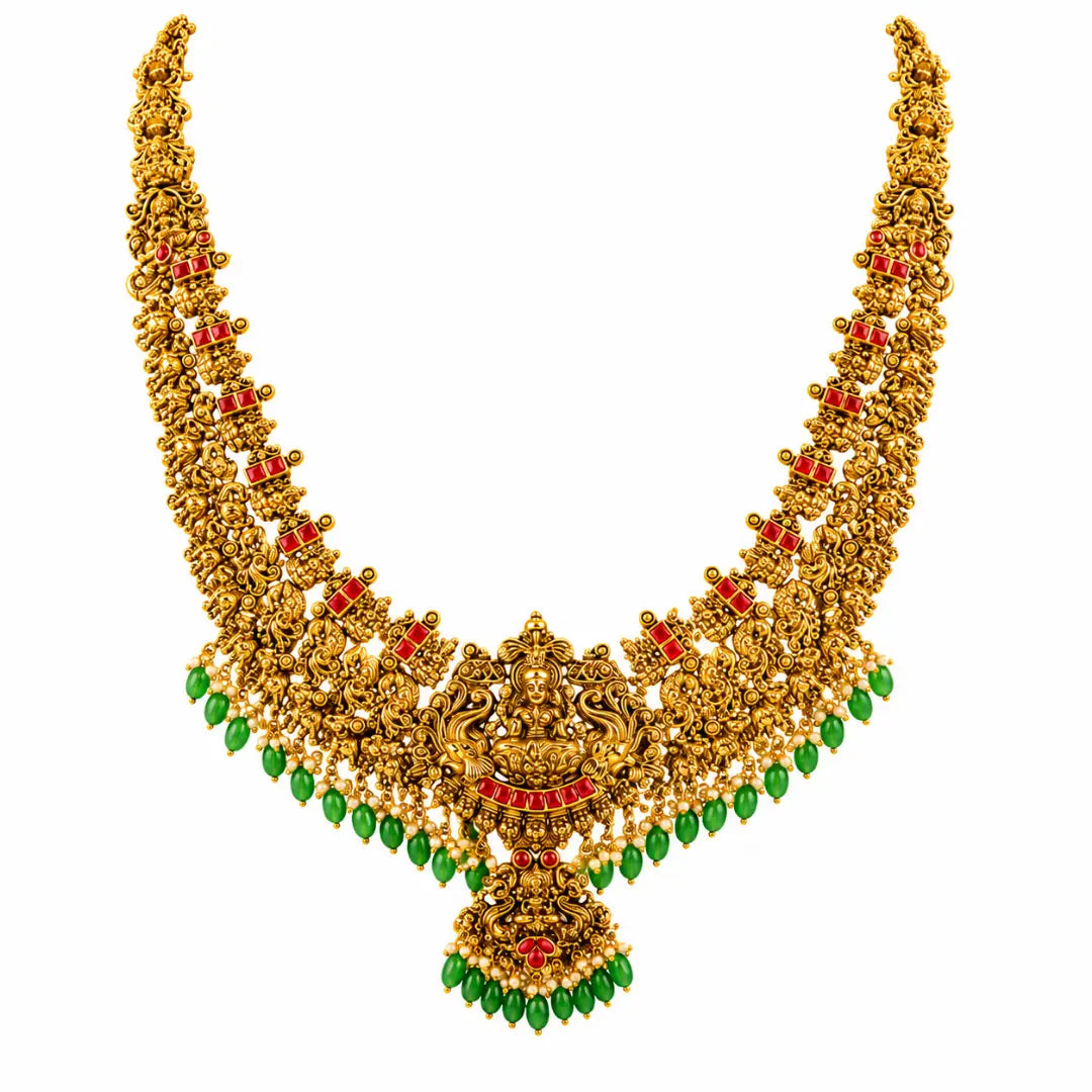 Swarna Kodi Kamalam Haar Long Necklace Set | Gold-Plated Temple Jewellery J-1038