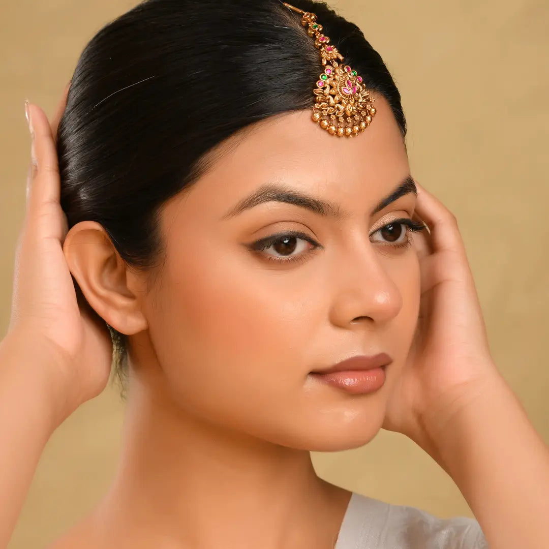Traditional Temple Jewellery Maang Tikka with Multicolor Stones J-1280